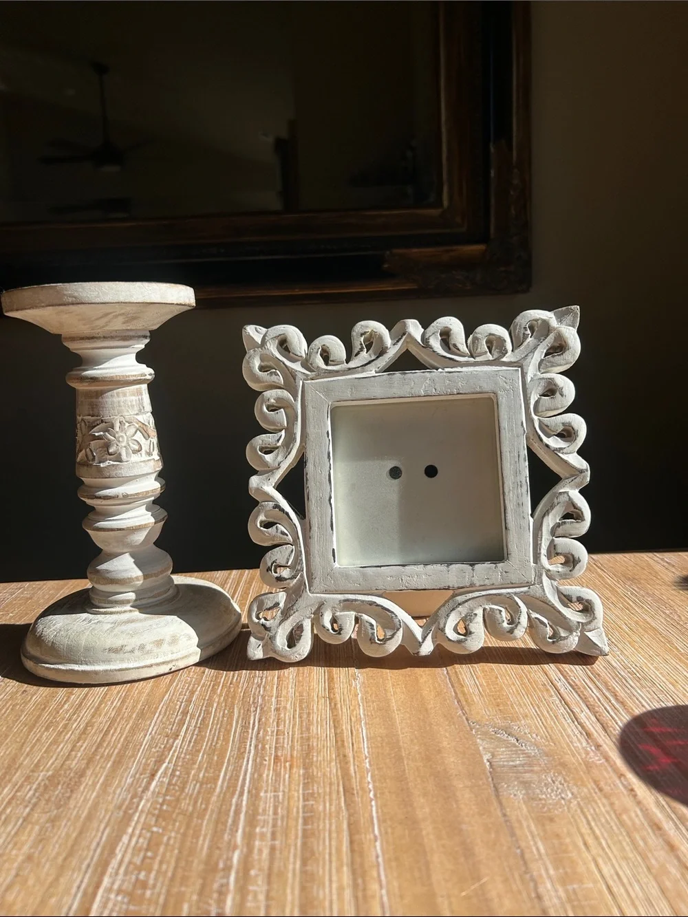 Carved Wood Candlestick & Matching Ornate Square Picture Frame Set